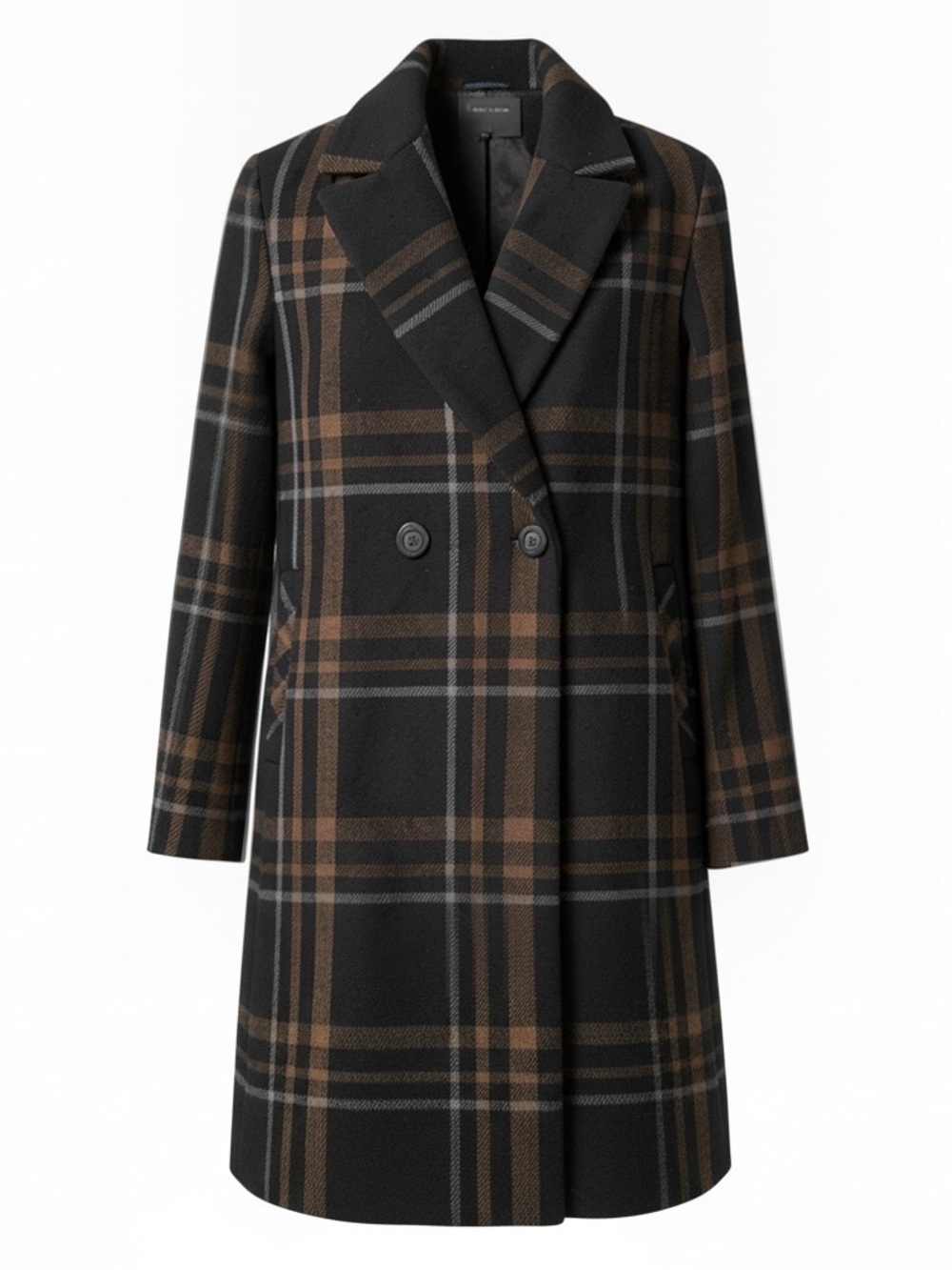 DKNY Black and Brown Plaid Double-Breasted Pea Coat